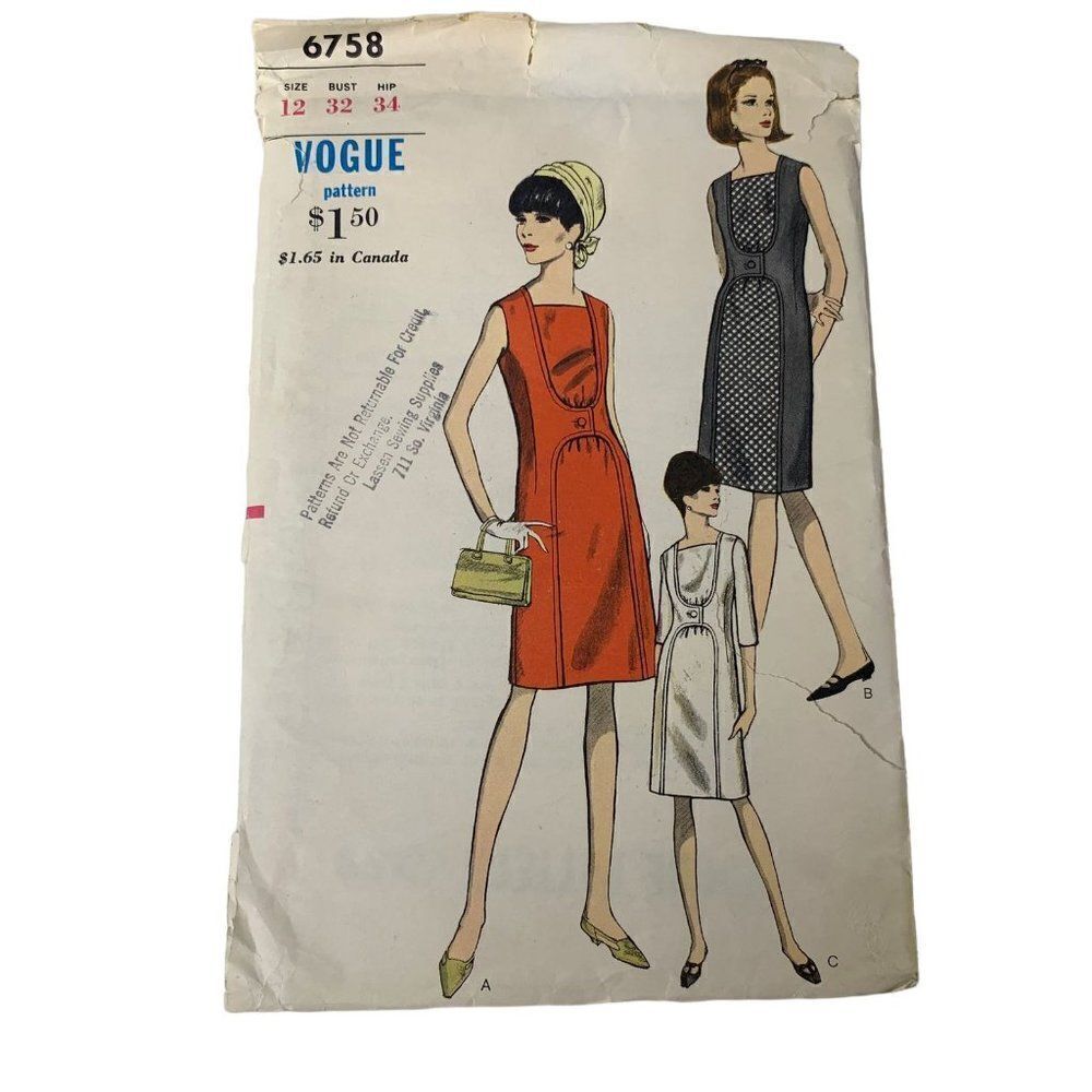 Vintage Vogue 6758 Pattern Misses 10-16 One Piece Semi Fitted Midi Dress Cut